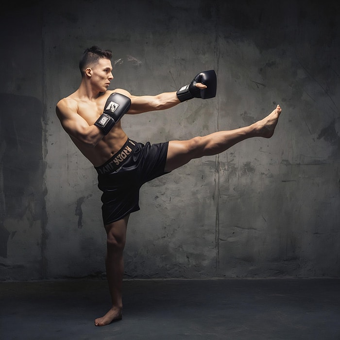 Technique de coup de pied en Muay Thaï Pratiquant de Muay Thaï à Avignon au CASL réalisant un coup de pied circulaire lors d'un entraînement de boxe thaïlandaise.